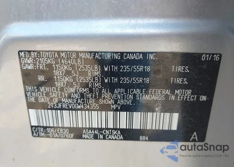 2016 Toyota Rav4 Se from USA, damaged, VIN 2T3JFREV0GW434355